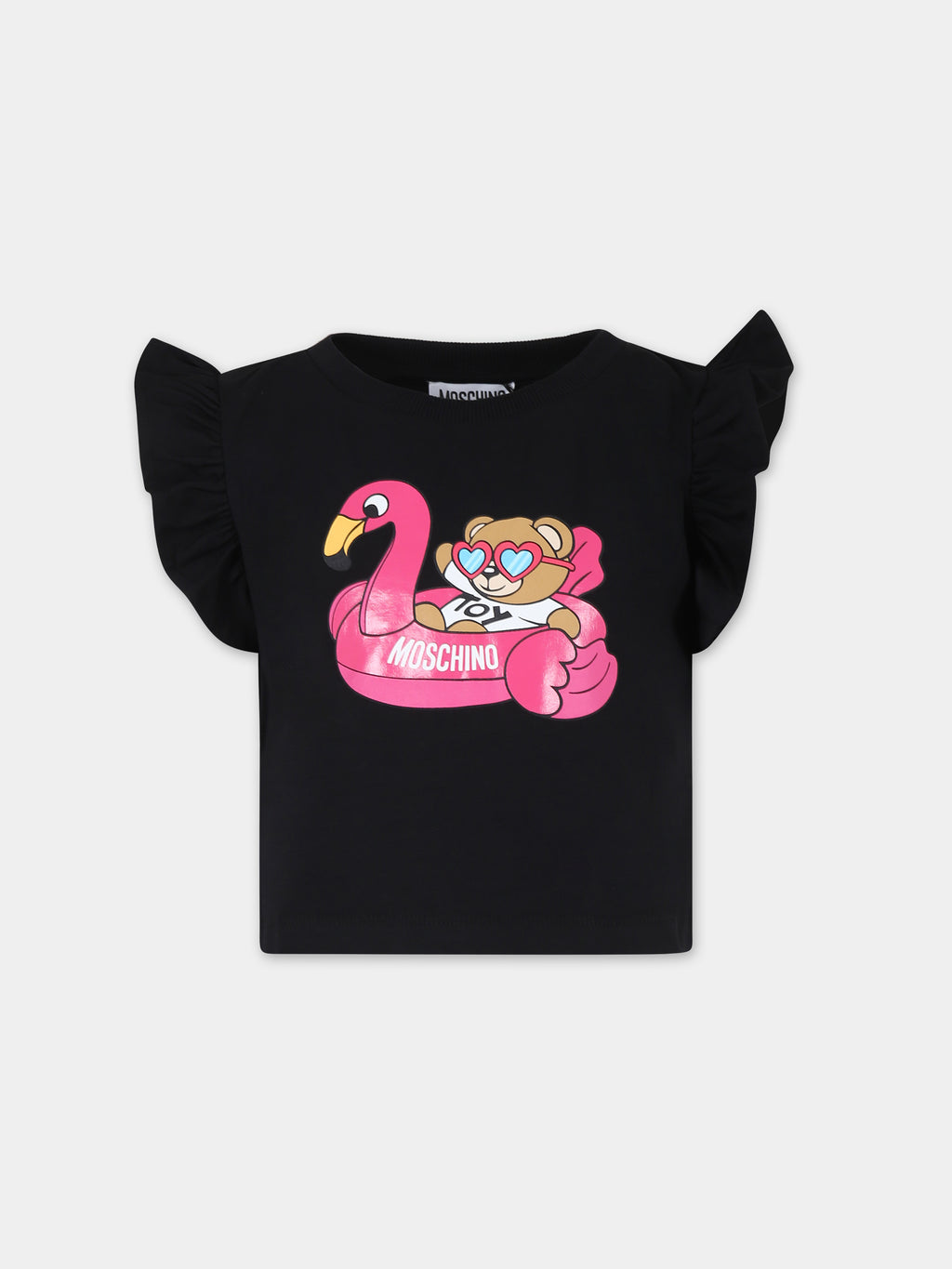Black t-shirt for girl with Teddy Bear and flamingo